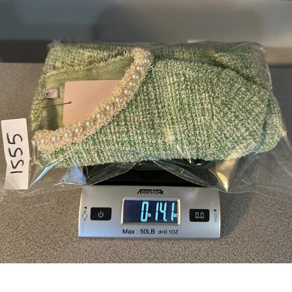 Orsay NWT Sz L Green Metallic Tweed Boucle Dress Pearl Neck & Cuff Royal Duchess - Picture 16 of 16